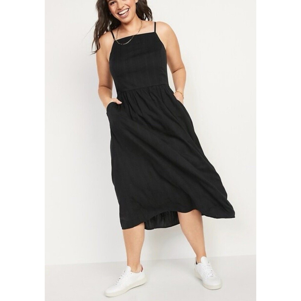 Old Navy Womens Black Sleeveless Square-Neck Fit & Flare Midi Cami Dress M NWT